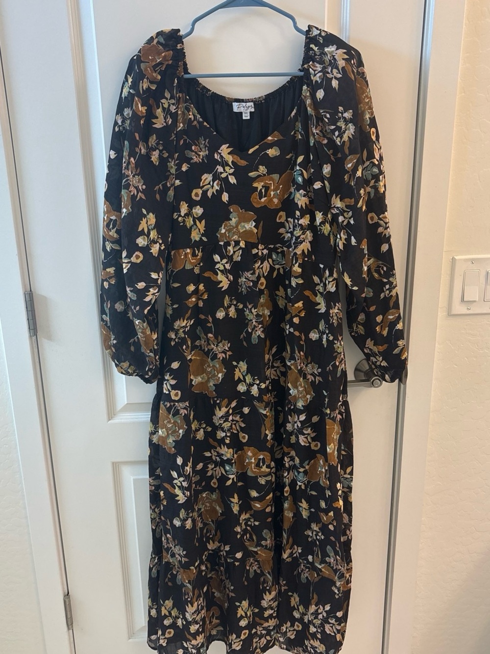 Polagram Black Floral Tiered Maxi Dress with Brown Accents